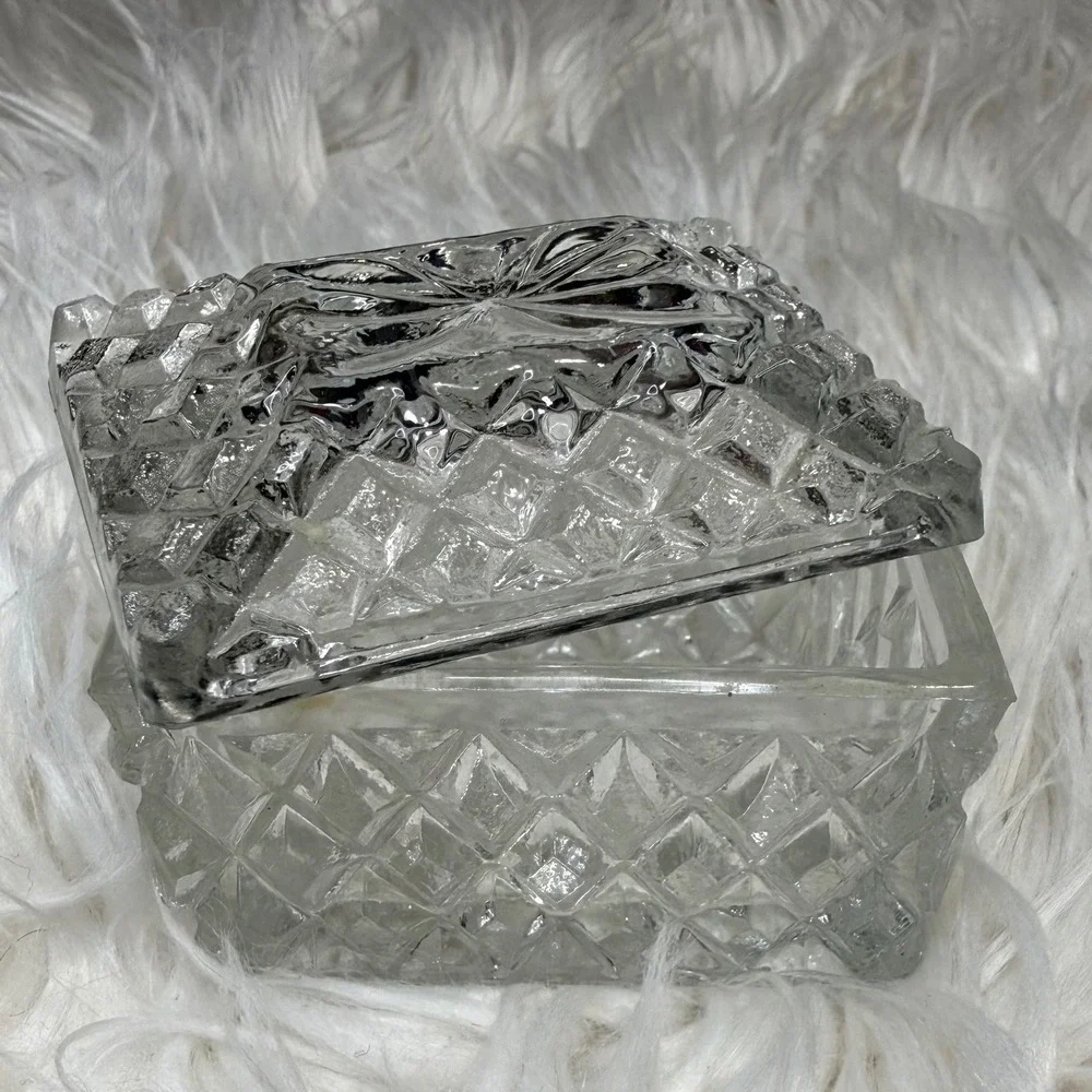 Vintage Clear Pressed Glass Trinket Box Diamond Cut Rectangular Jewelry Case